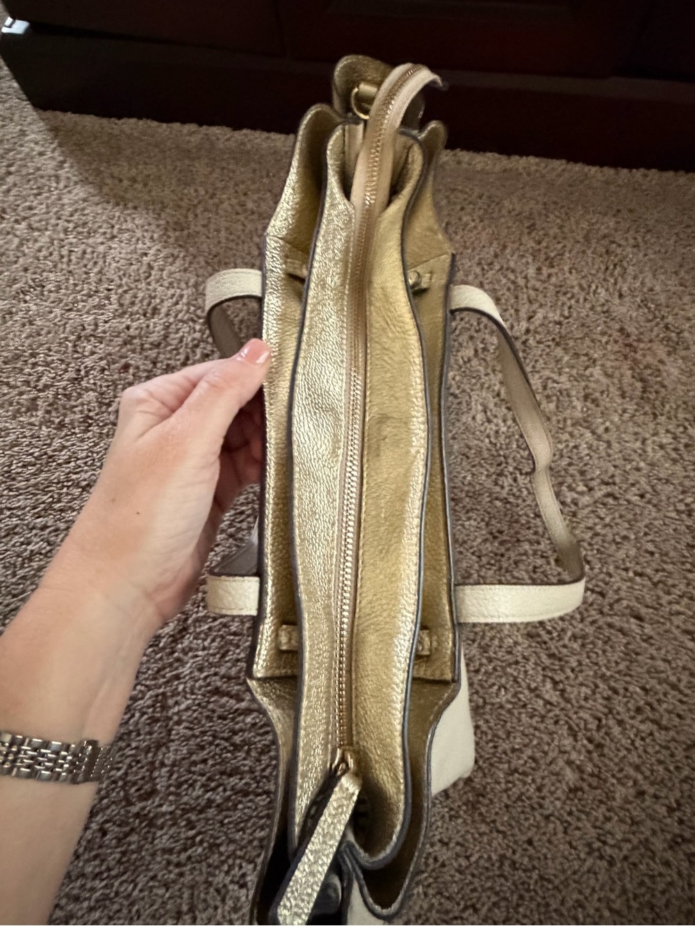 Henri Bendel Cream Pebbled Leather Tote with Striped Bendel Key Charm - Picture 11 of 12